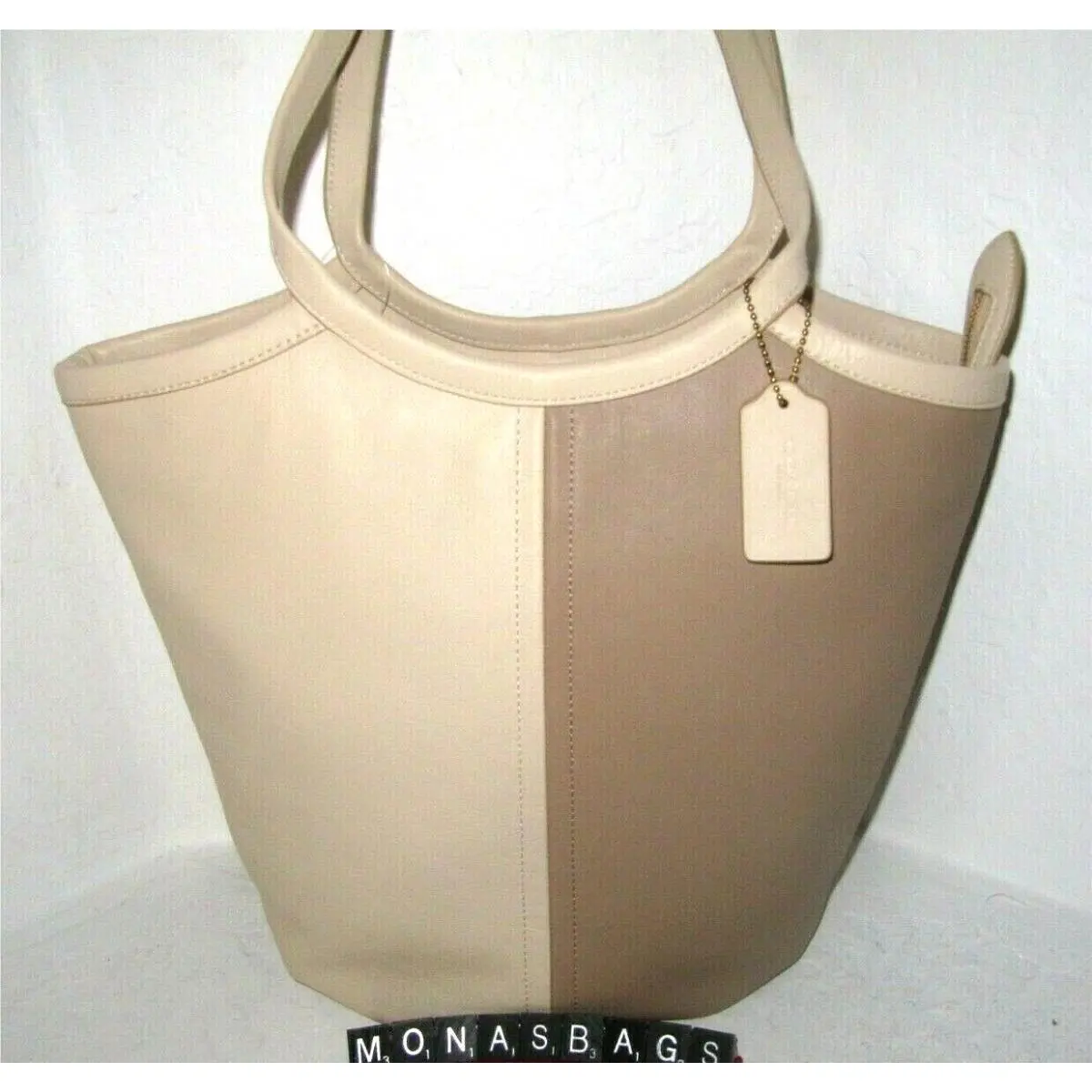 Coach C2594 Bea Tote Color Block Ivory Taupe Leather Top Zip Bag