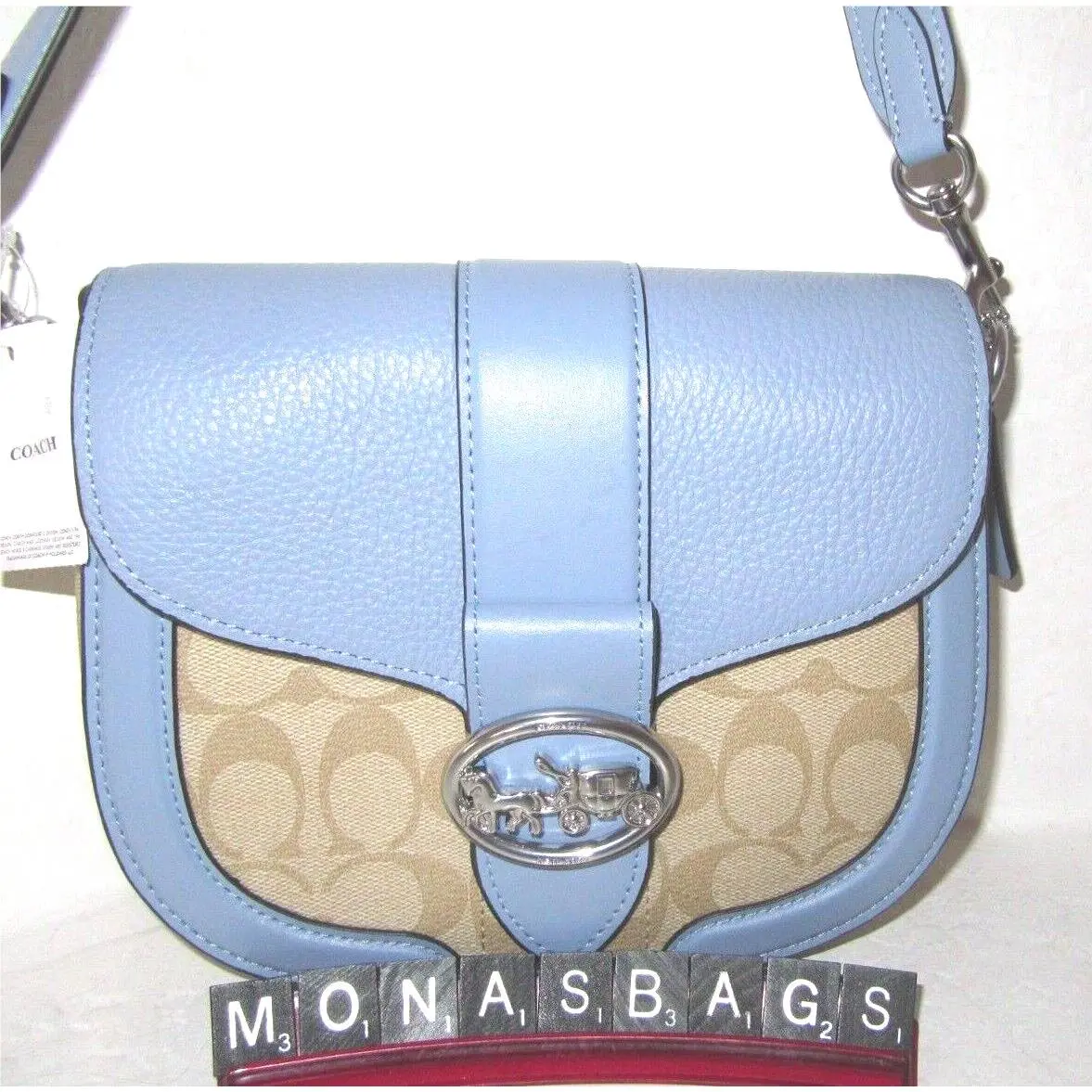 Coach C2806 Georgie Saddle Bag Light Khaki Signature Marble Blue Leather NWT$350