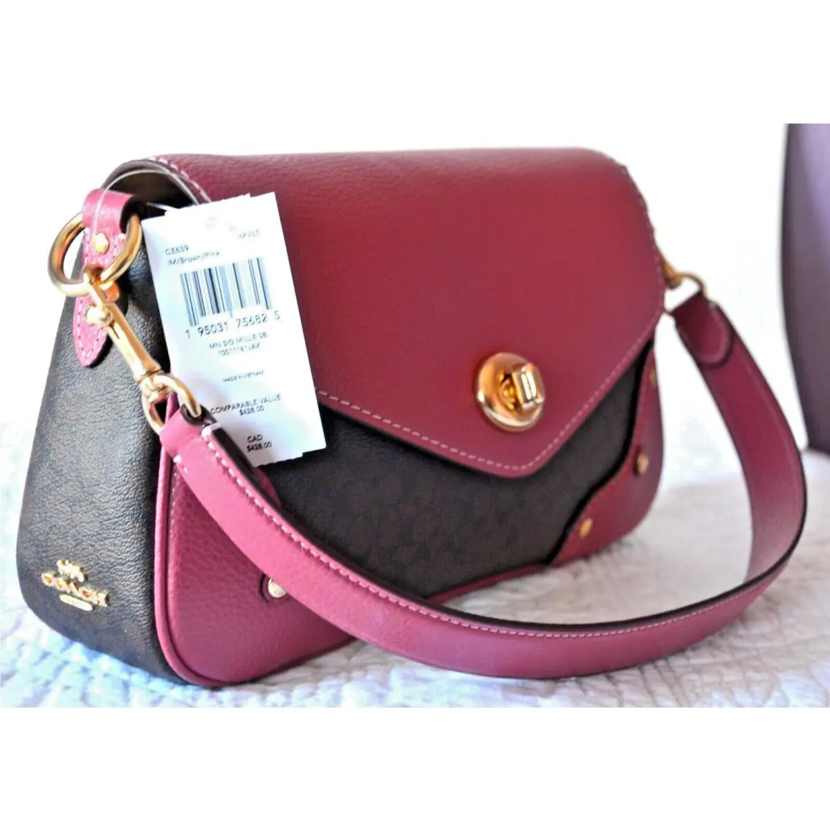 Coach Signature Millie Leather Shoulder Crossbody Brown Pink CE639 - Handle/Strap: Pink, Hardware: Gold, Exterior: Brown / Pink