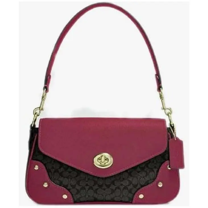 Coach Millie Signature Canvas Leather Rivets Brown Pink Shoulder Bag CE639