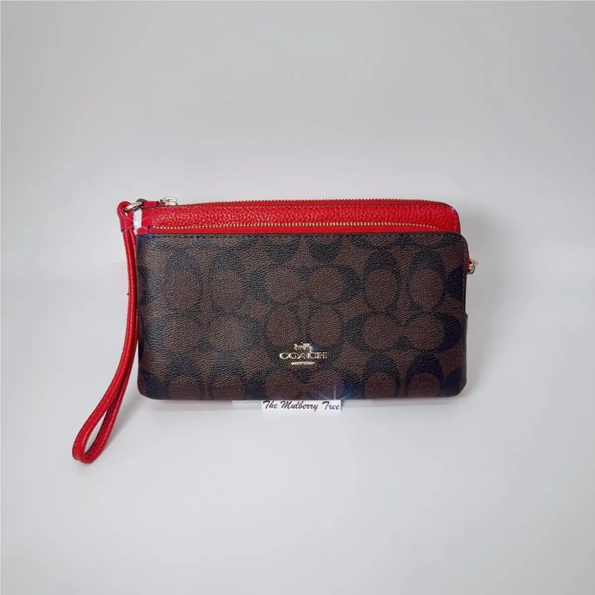 Coach C5576 Double Zip Leather Brown 1941 Red Wristlet Card Wallet Clutch