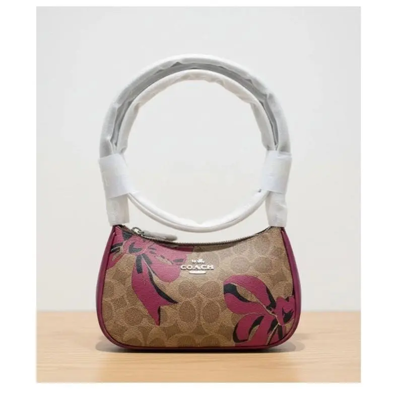 Coach Teri Mini Crossbody CY733 Brown Signature Canvas Red Bow Print Bag