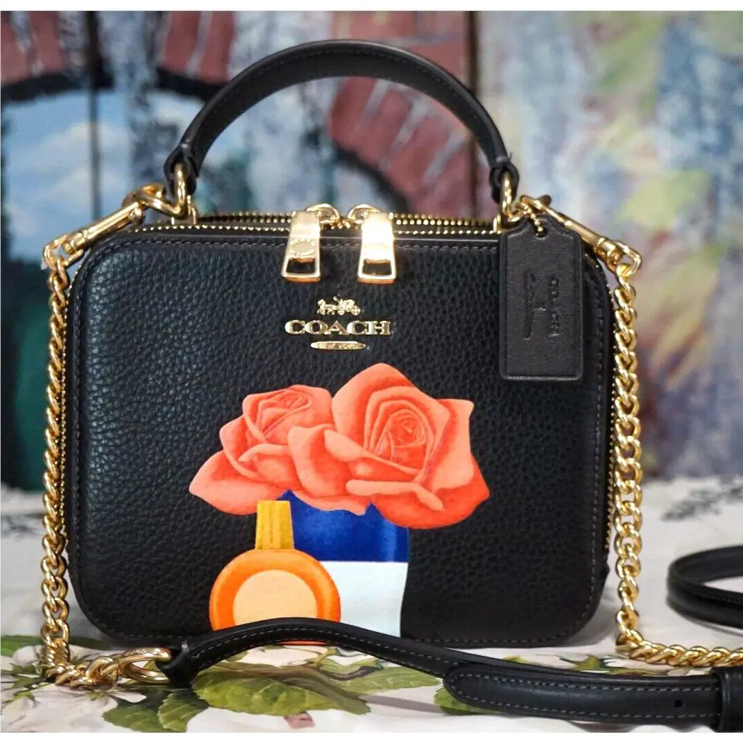 Coach X Tom Wesselmann Floral Box X-body CQ047 In Black Multi Leather Gold