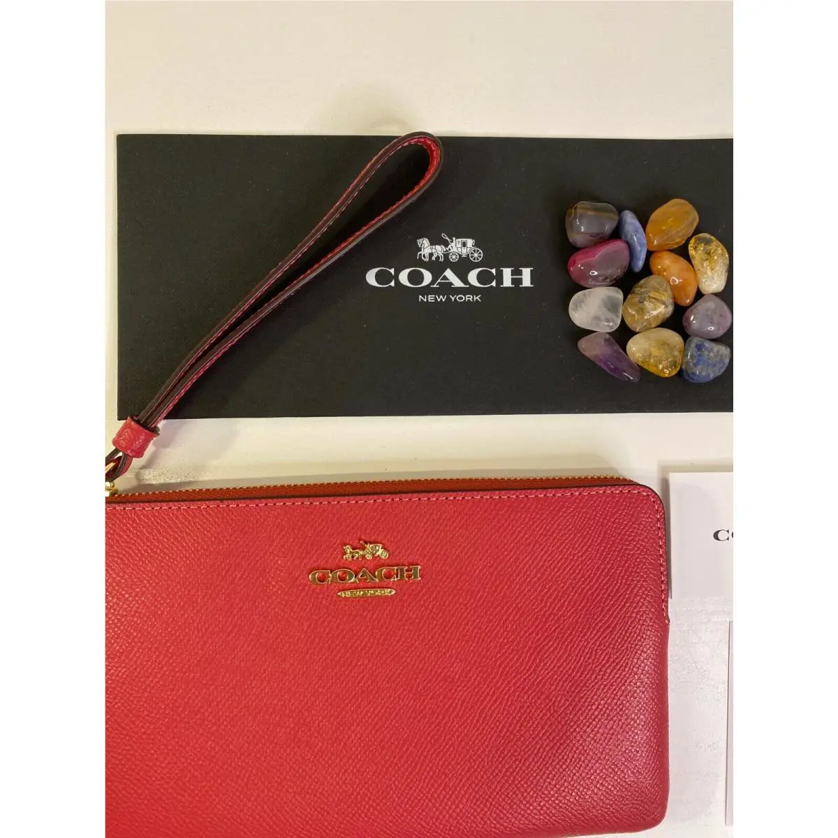 Coach Large Wristlet Crossgrain Leather Strawberry: Corner Zip Purse 3888