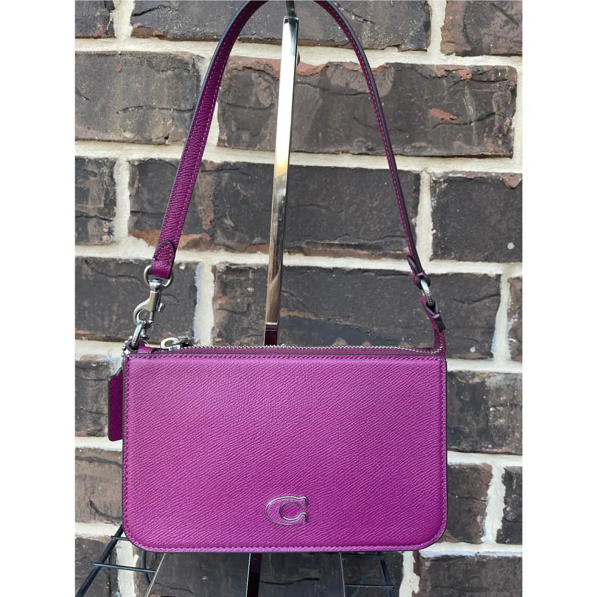 Coach Deep Plum Crossgrain Leather Pouch Shoulder Bag Clutch Purple