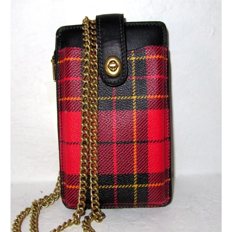 Coach CF240 Turn Lock Chain Phone Case Red Multi Plaid Crossbody Bag NWT$150