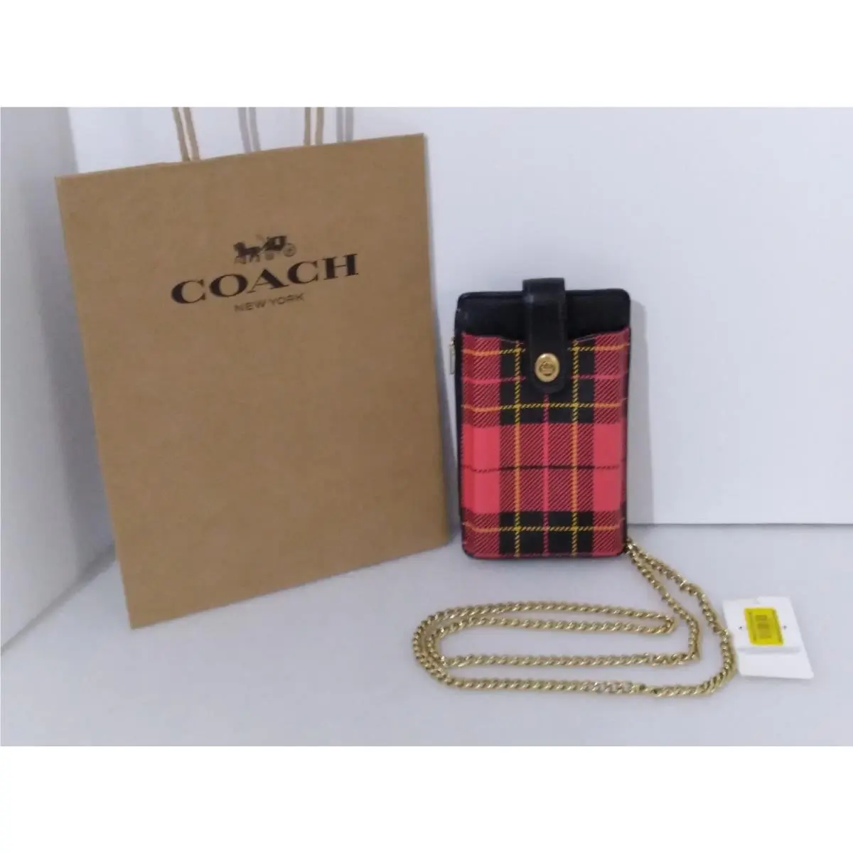 Coach CF240 Turn Lock Chain Phone Case Red Multi Plaid Crossbody Bag