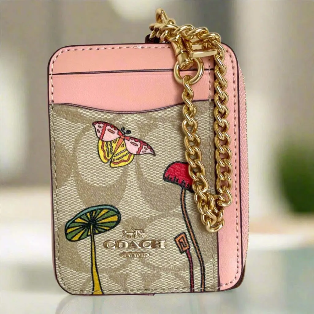 Coach Zip Card Case Observed By Us Pink Signature Canvas Leather Khaki CU403