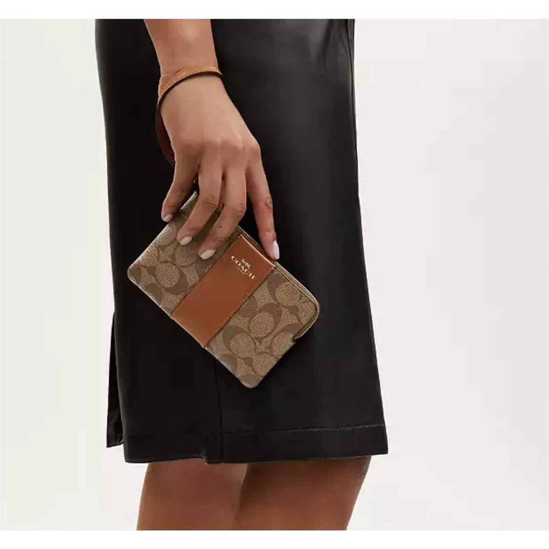 Coach Large Wristlet in Signature Canvas F58035 Khaki Saddle 2 - Handle/Strap: Brown, Exterior: Khaki Saddle, Lining: Brown