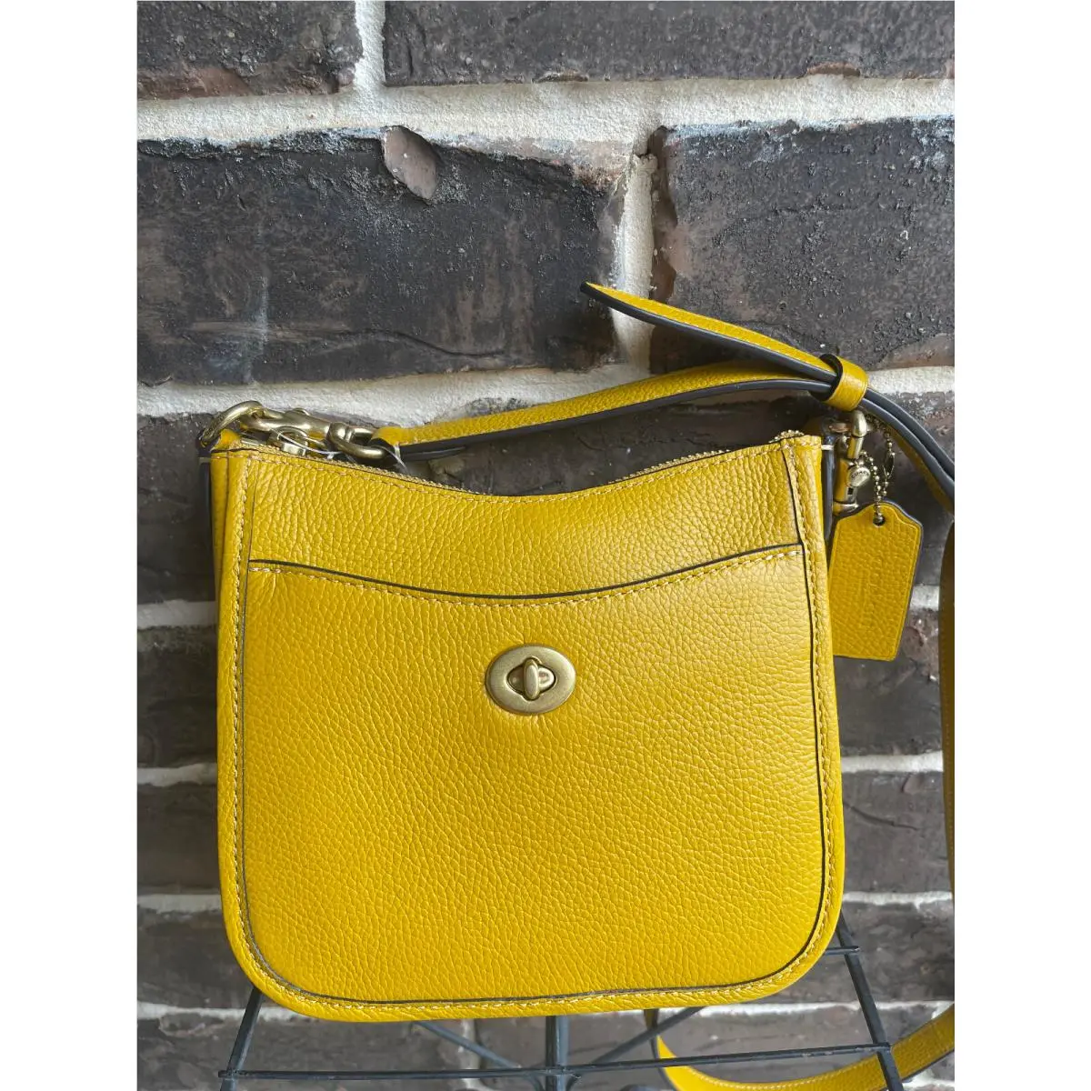 Coach Chaise 19 Crossbody Brass Gold Yellow Pebble Leather CC380 Small