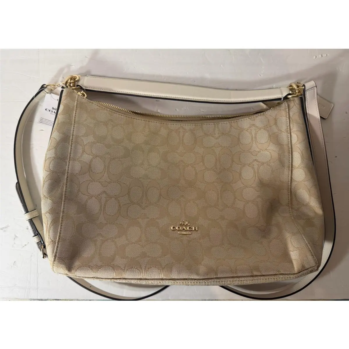 Coach F83684 Signature Jacquard Hobo Shoulder Bag Gold Beige Ivory
