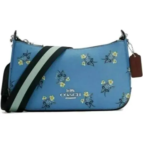 Coach Jes Baguette with Floral Bow Print Silver Blue Multi Smooth Leathe