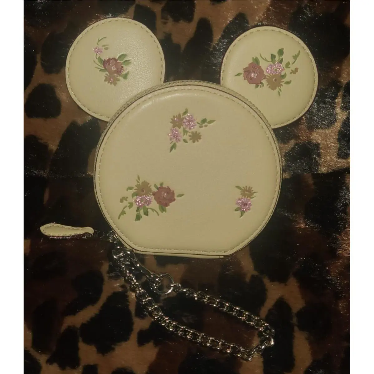 Coach X Disney Minnie Ears Coin Case Purse Flowers Leather Silver Vanilla