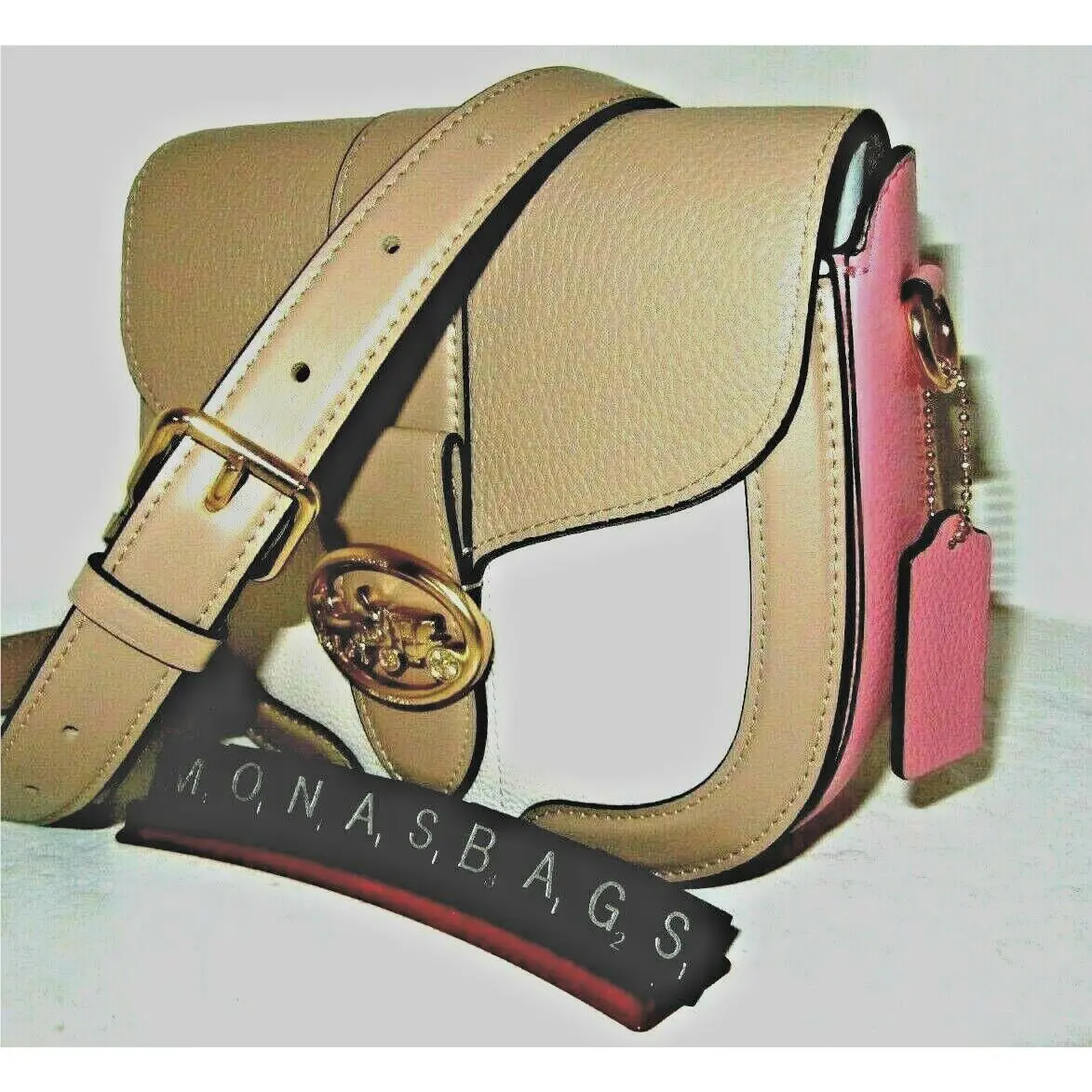 Coach C3596 Georgie Saddle Bag Color Block Leather Taupe Pink Cream NWT$350 - Handle/Strap: Taupe, Hardware: Gold, Exterior: Taupe/Pink/Cream