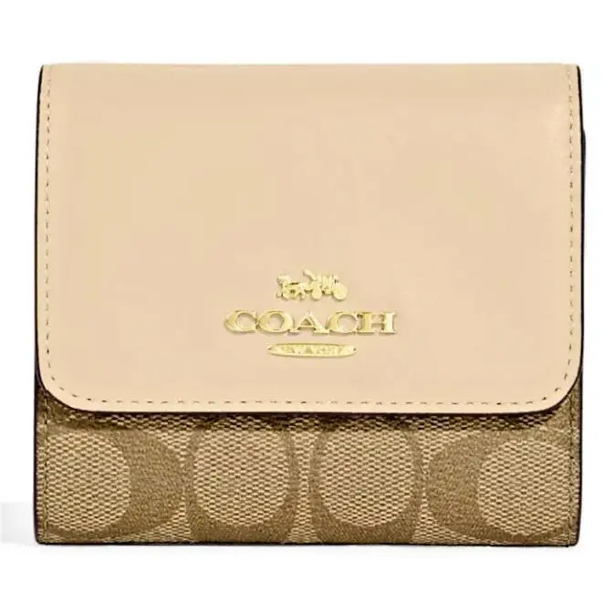 Small Trifold Wallet Signature Canvas CE930 Khaki Ivory Nip by Coach