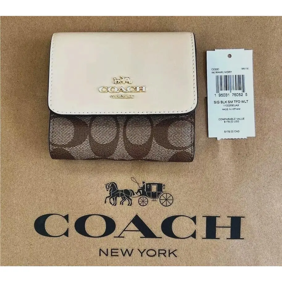 Coach Small Trifold Wallet Signature Canvas CE930 Khaki Ivory Nip