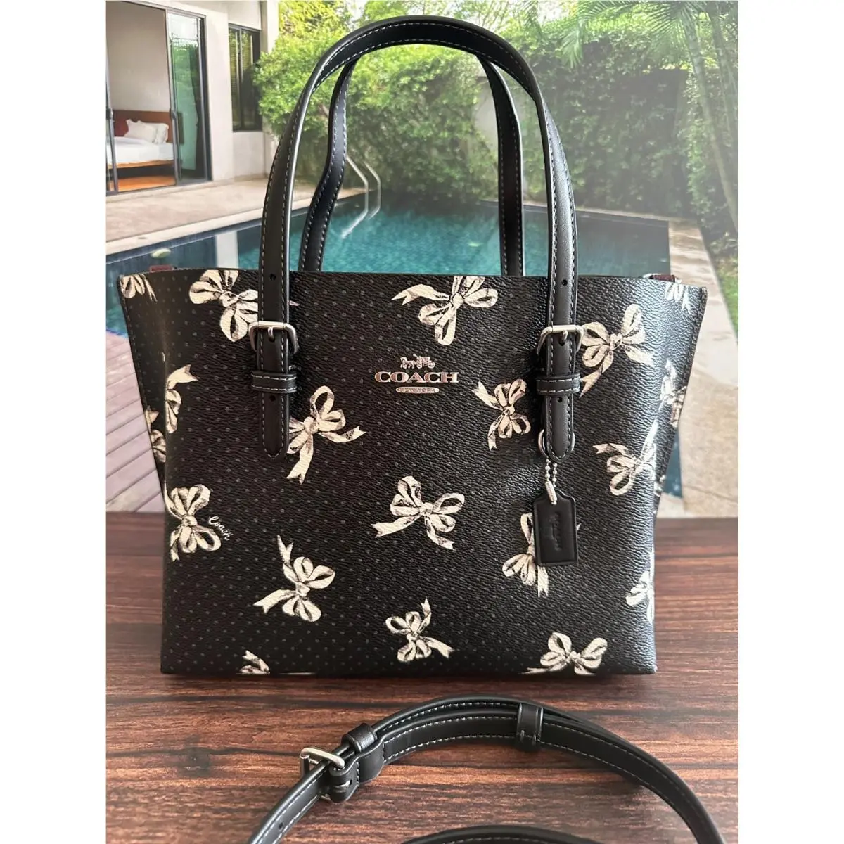 Coach CY648 Mollie Tote Bag 25 with Bow Print Coated Canvas Leather Black Multi