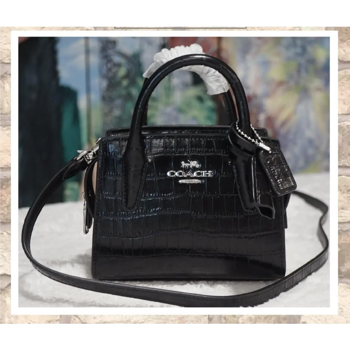 Coach Andrea Mini Carryall Top Handle X-body In Black Croco Embossed Leather