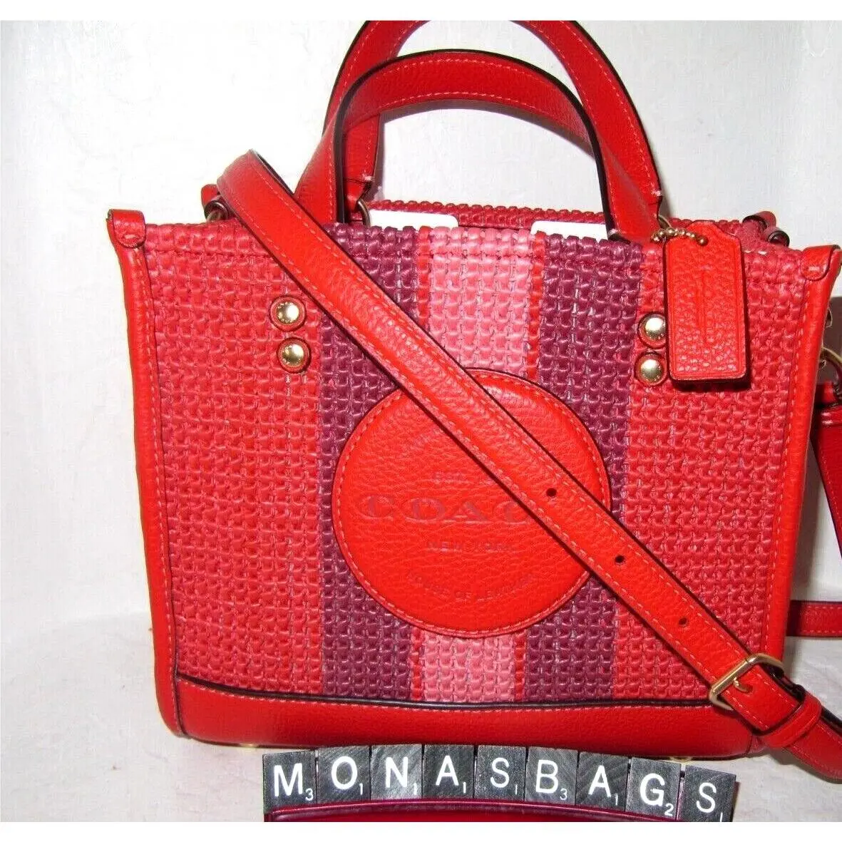 CA291 Dempsey Tote Bag  Patch Straw Leather Miami Red Multi by Coach