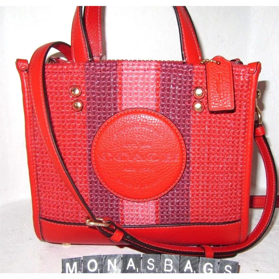 CA291 Dempsey Tote Bag Coach Patch Straw Leather Miami Red Multi