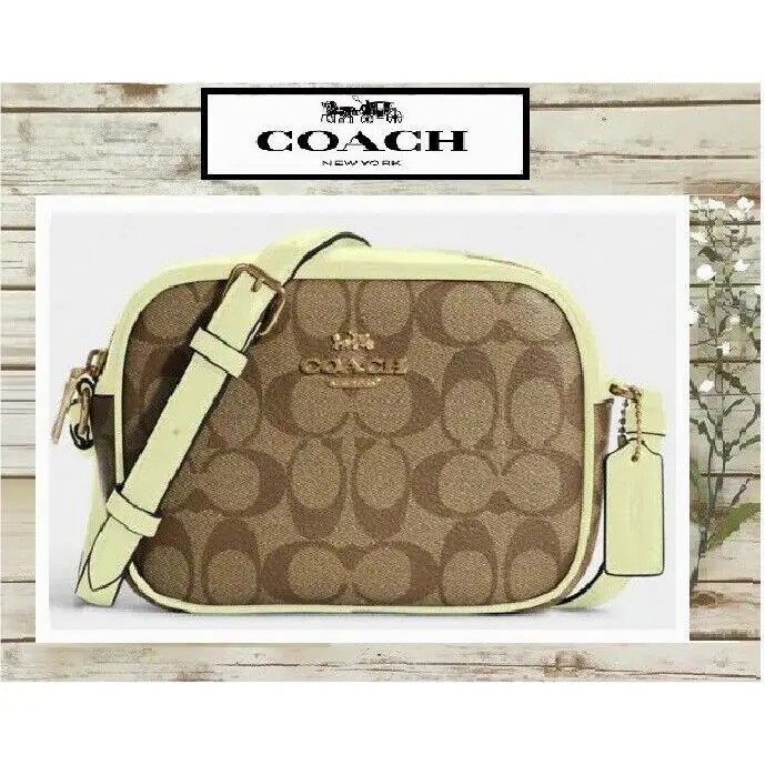 Coach Mini Jamie Camera Crossbody Bag Sig Canvas Leather In Khaki Pale Lime