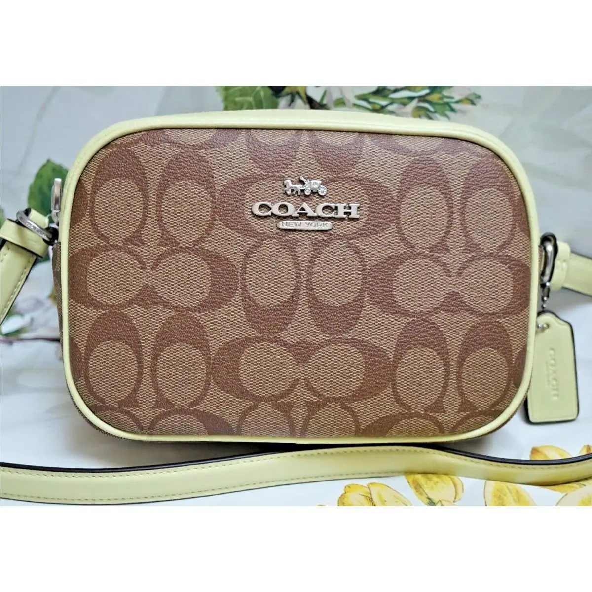 Coach Mini Jamie Camera Crossbody Bag Sig Canvas Leather In Khaki Pale Lime