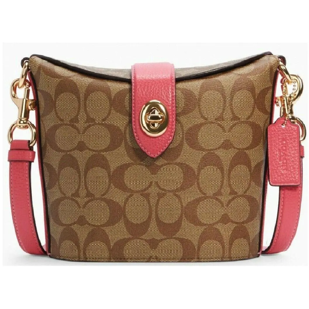 Coach Addie Signature Canvas Leather Shoulder Crossbody Bag In Khaki Fuchsia