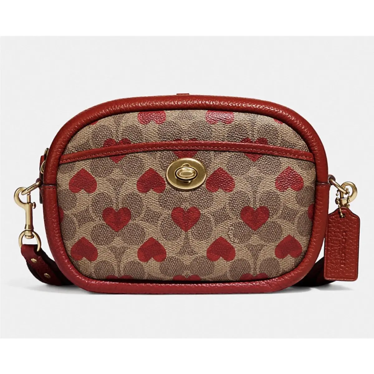 Camera Bag In Signature Canvas with Heart Print Brass/tan Red Apple by Coach
