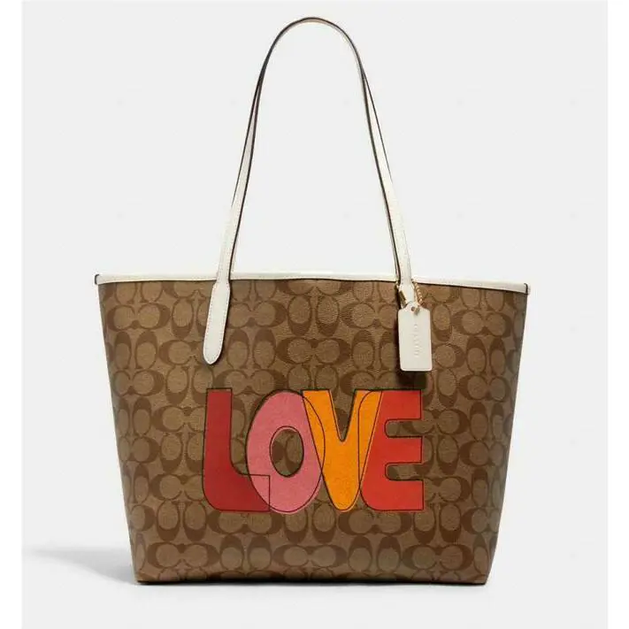 Coach Khaki/chalk/multi Signature Coated Canvas Love Print City Tote C2810