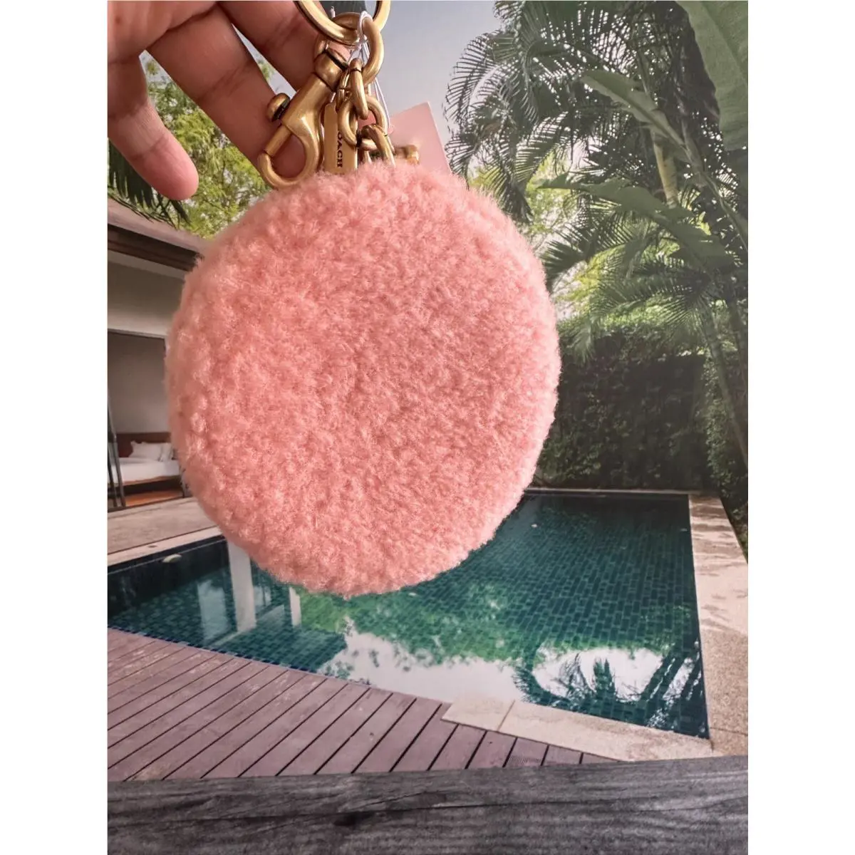 Coach Round Coin Case Pouch In Shearling Bag Charm Keychain Candy Pink CO226