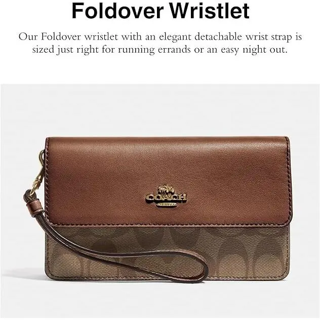 Coach Foldover Wristlet In Signature Khaki and Saddle in Coach Package