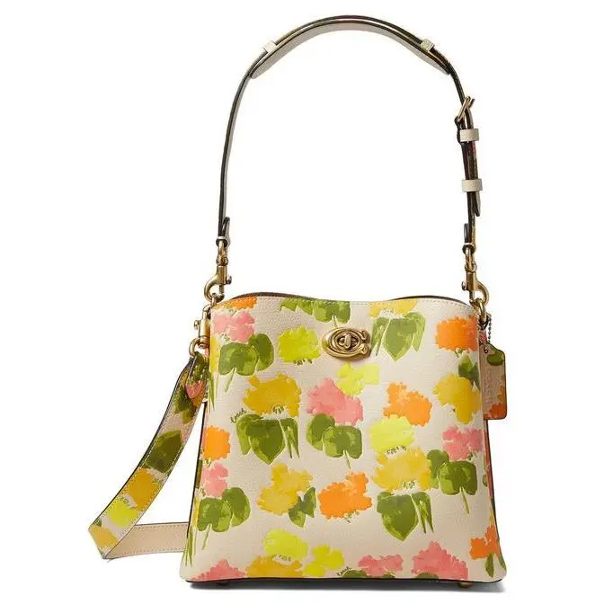 Coach Watercolor Flower Willow Bucket Leather Beige Multi CC387
