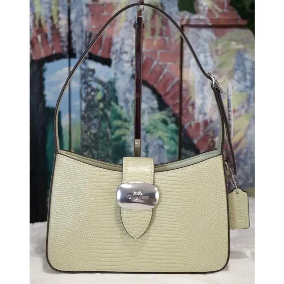 Coach Eliza Shoulder Bag CR107 In Pale Green Lizard Embossed Leather Silver