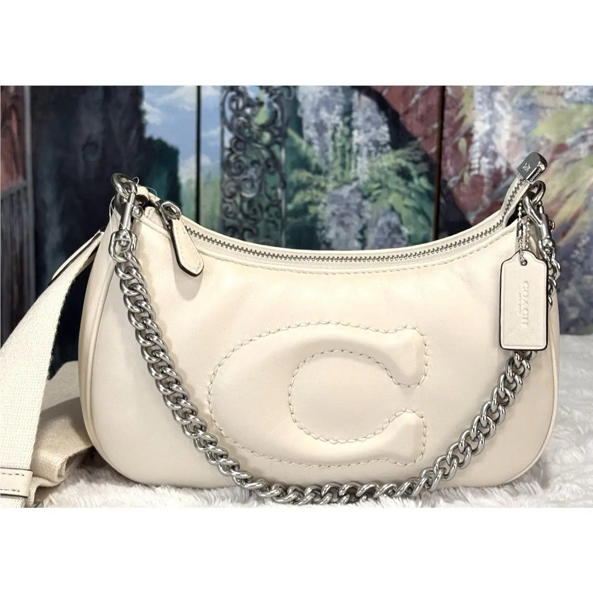 Coach Teri CJ608 Sig Quilting Chain Hobo Shoulder Bag Chalk Leather Silver