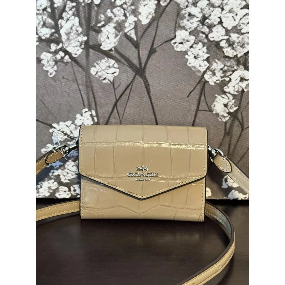Coach Mini Envelope Wallet W/strap In Embossed Crocodile Leather CU175