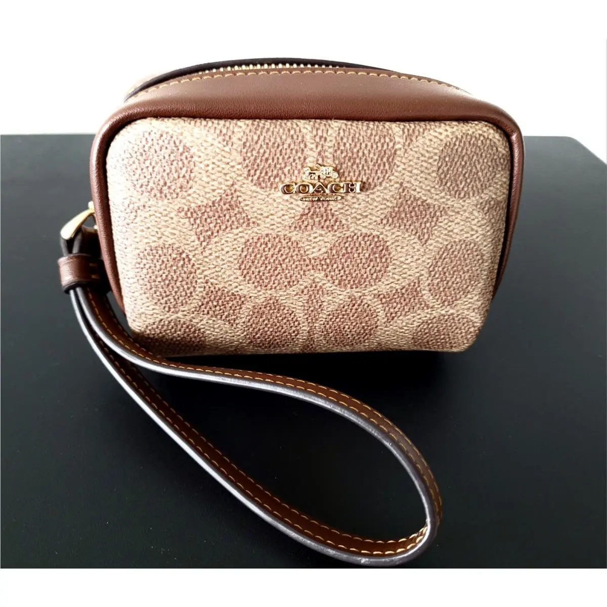 Coach Pouch Wristlet In Signature Canvas Tan Brown CW907