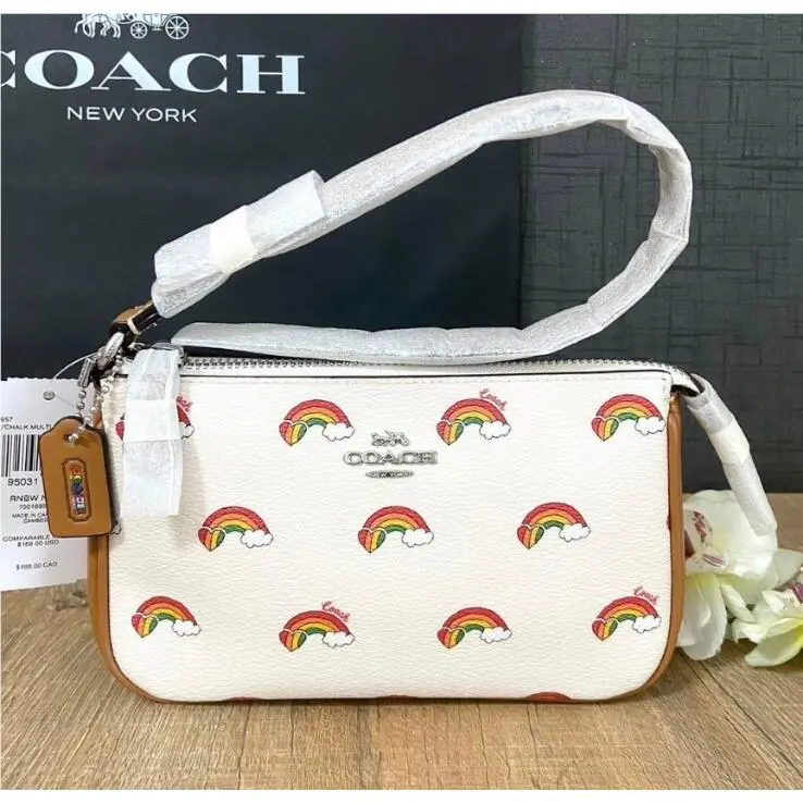 Coach CJ657 Nolita 19 W Rainbow Print Wristlet Canvas Leather Chalk Multi