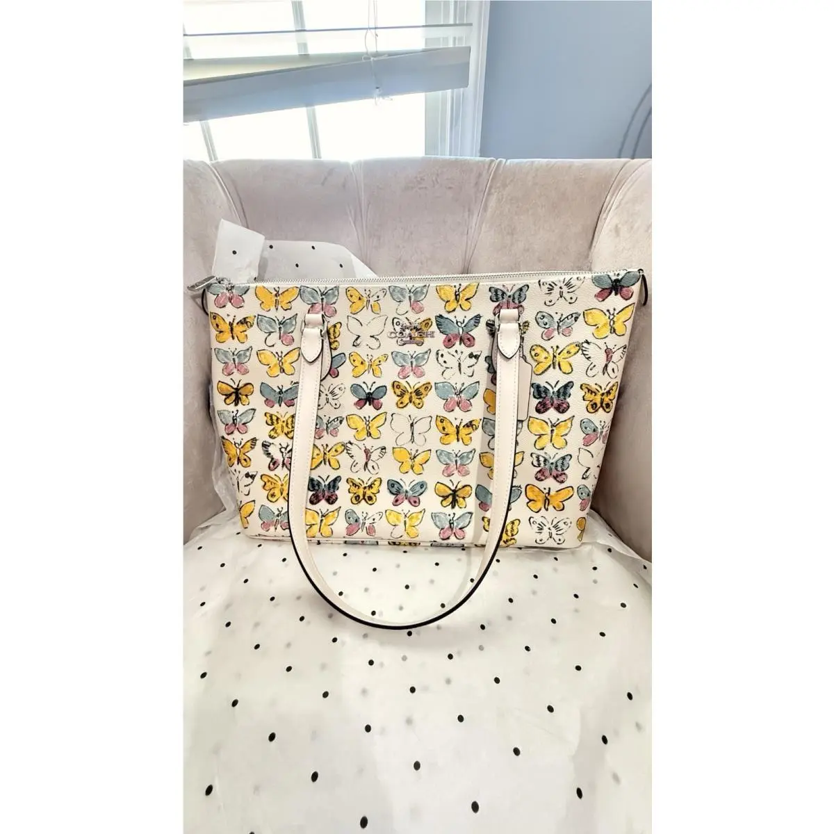 Gallery Tote Butterfly Signature Canvas Leather CAR36 Handbag Bag Chalk by Coach