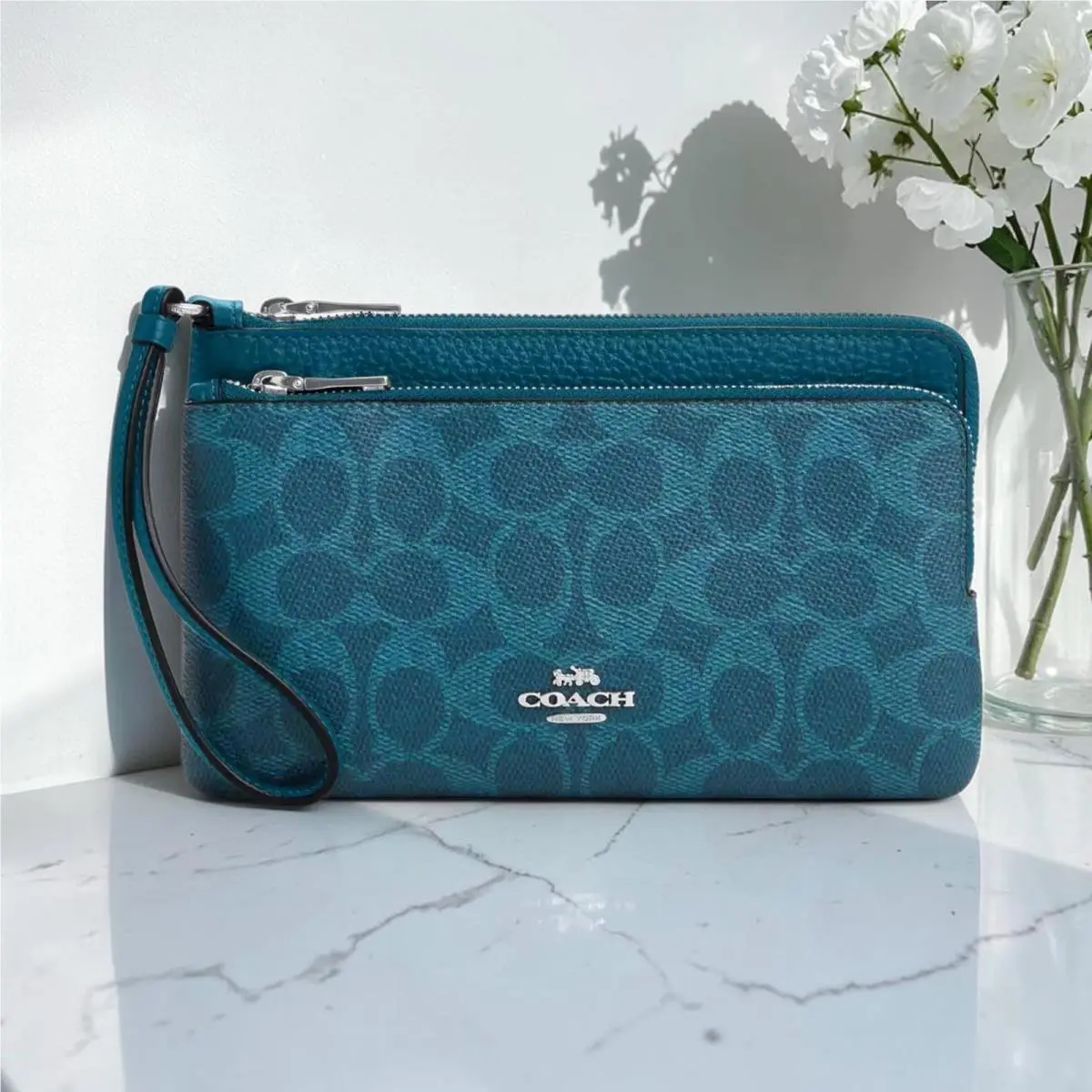 Double Zip Wallet Signature Canvas CX161 Silver Aquamarine Teal Blue by Coach