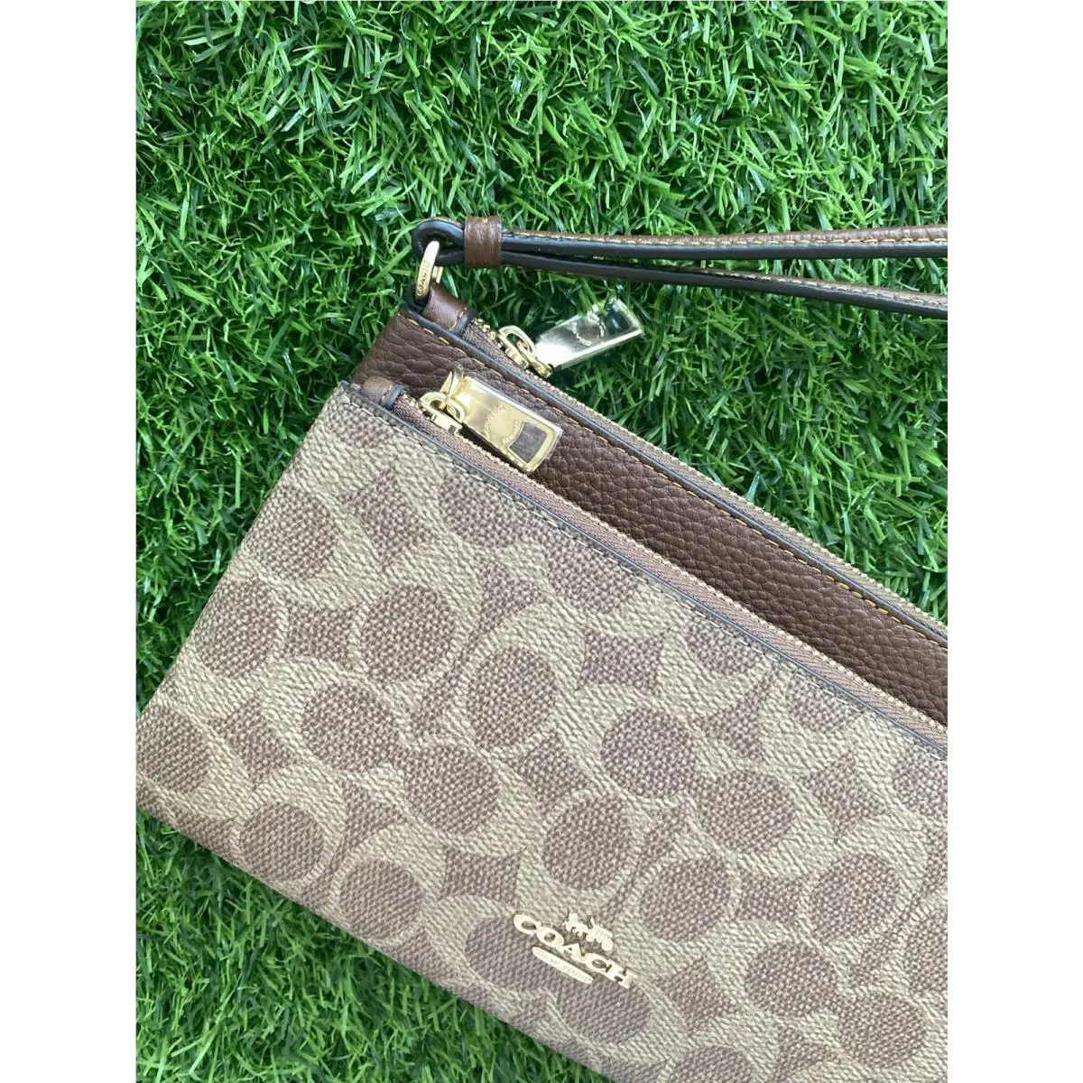 Coach CX161 Double Zip Wristlet Wallet Signature Canvas Tan Brown Clutch
