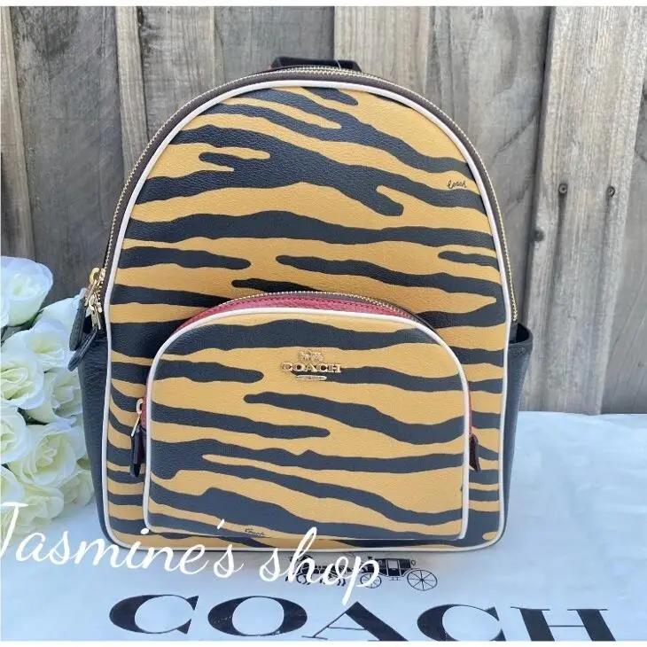 Coach C6987 Court Backpack Canvas Leather w Tiger Print Honey Black Multi