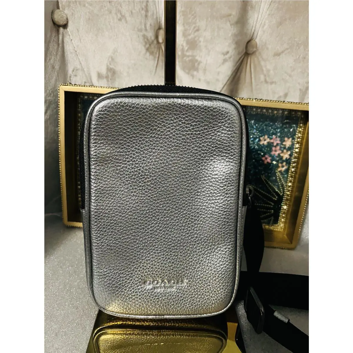 Coach Unisex Small CO917 Aden Crossbody Bag Handbag Metallic Leather Silver
