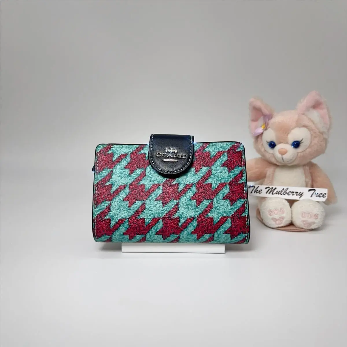 Medium Corner Zip Wallet with Houndstooth Print Teal Wine CJ680 by Coach
