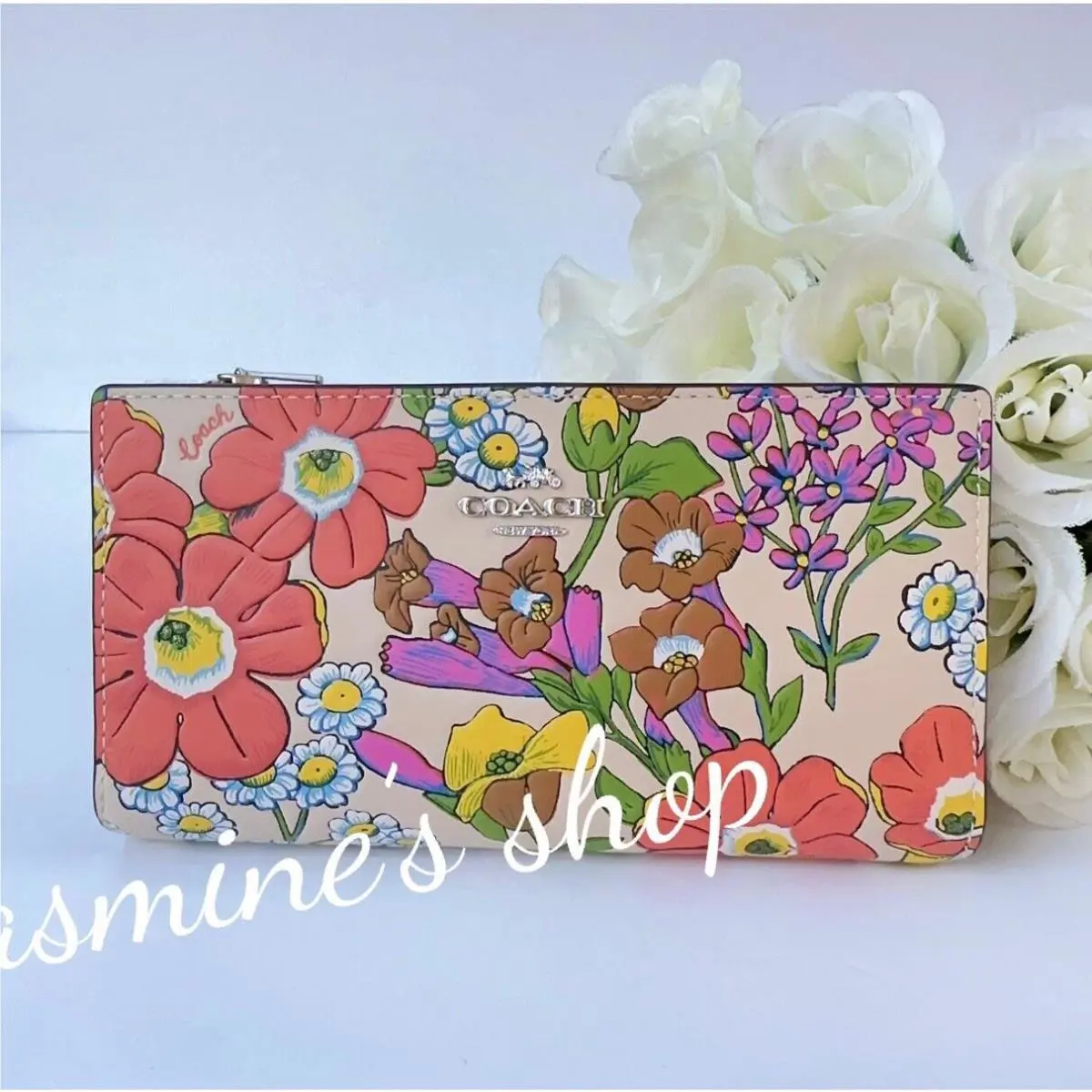 Coach Ivory Multi Large Accordion Zip Wallet with Floral Print CR619