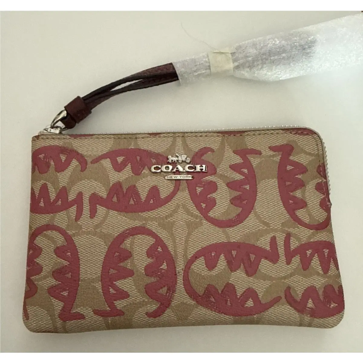 Coach Rexy Wristlet Guang YU Khaki/electric Pink Corner Zip Signature Tags/pkg