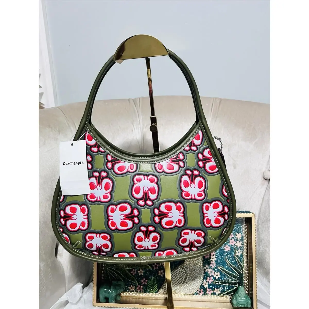 Coach CQ828 Ergo Bag Coachtopia Leather Butterfly Print Handbag Olive Hobo