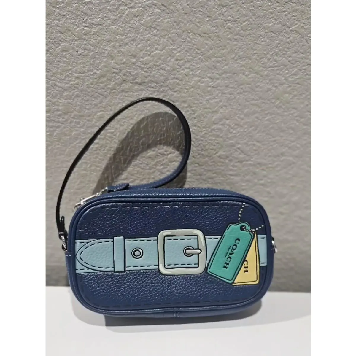 Coach CH363 Jamie Mini Trompe L`oeil Print Blue Pebbled Leather Wristlet Bag - Blue