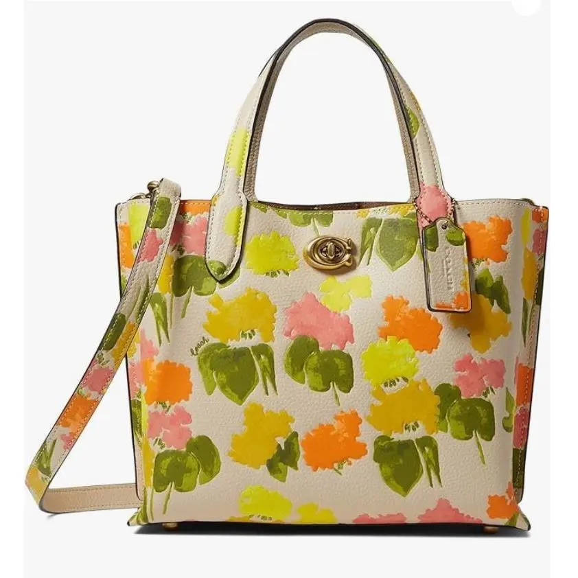 Coach Water Color Flower Leather Willow Tote 24 Beige Shoulder Bag