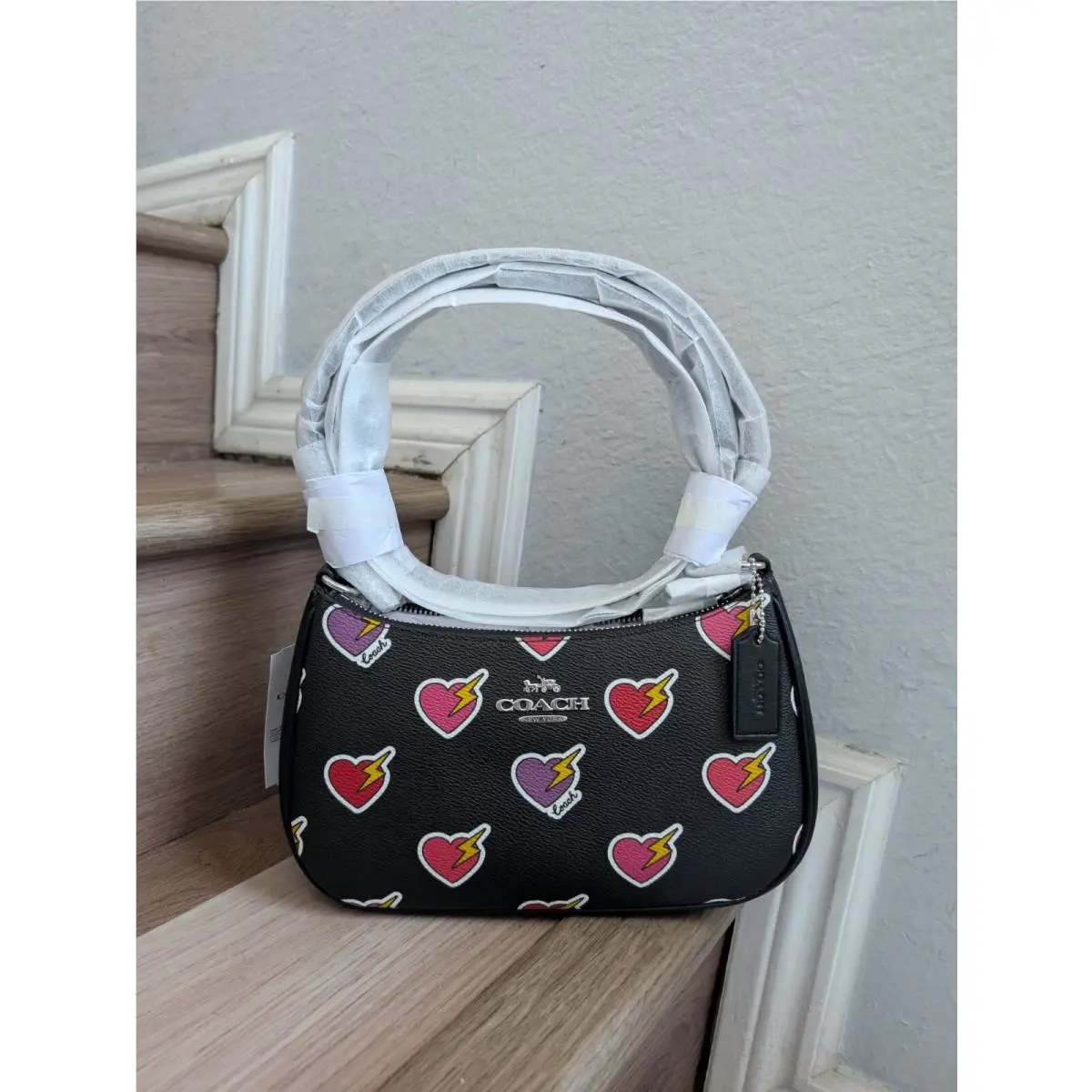CY346 Teri Shoulder Satchel Leather Bag with Heart Bolt Print by Coach