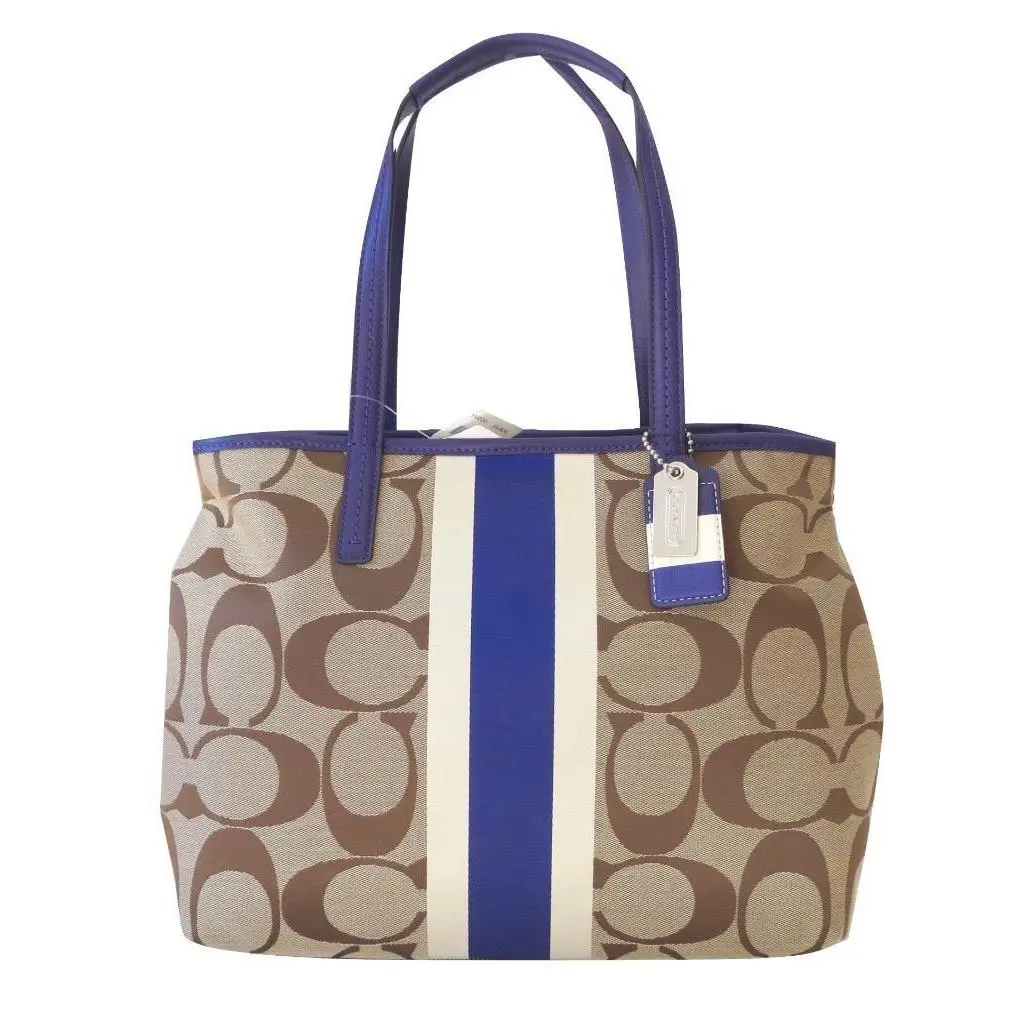 Coach Hamptons Khaki Ivory Purple Signature Stripe Tote Purse 19999 Rare